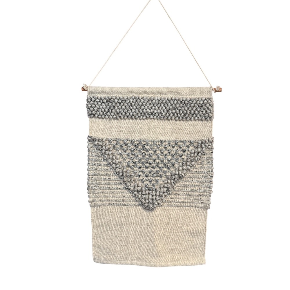 Woven Boho Wall Hanging Cream Gray Textured Geometric Textile Art Decor 27"x18"
